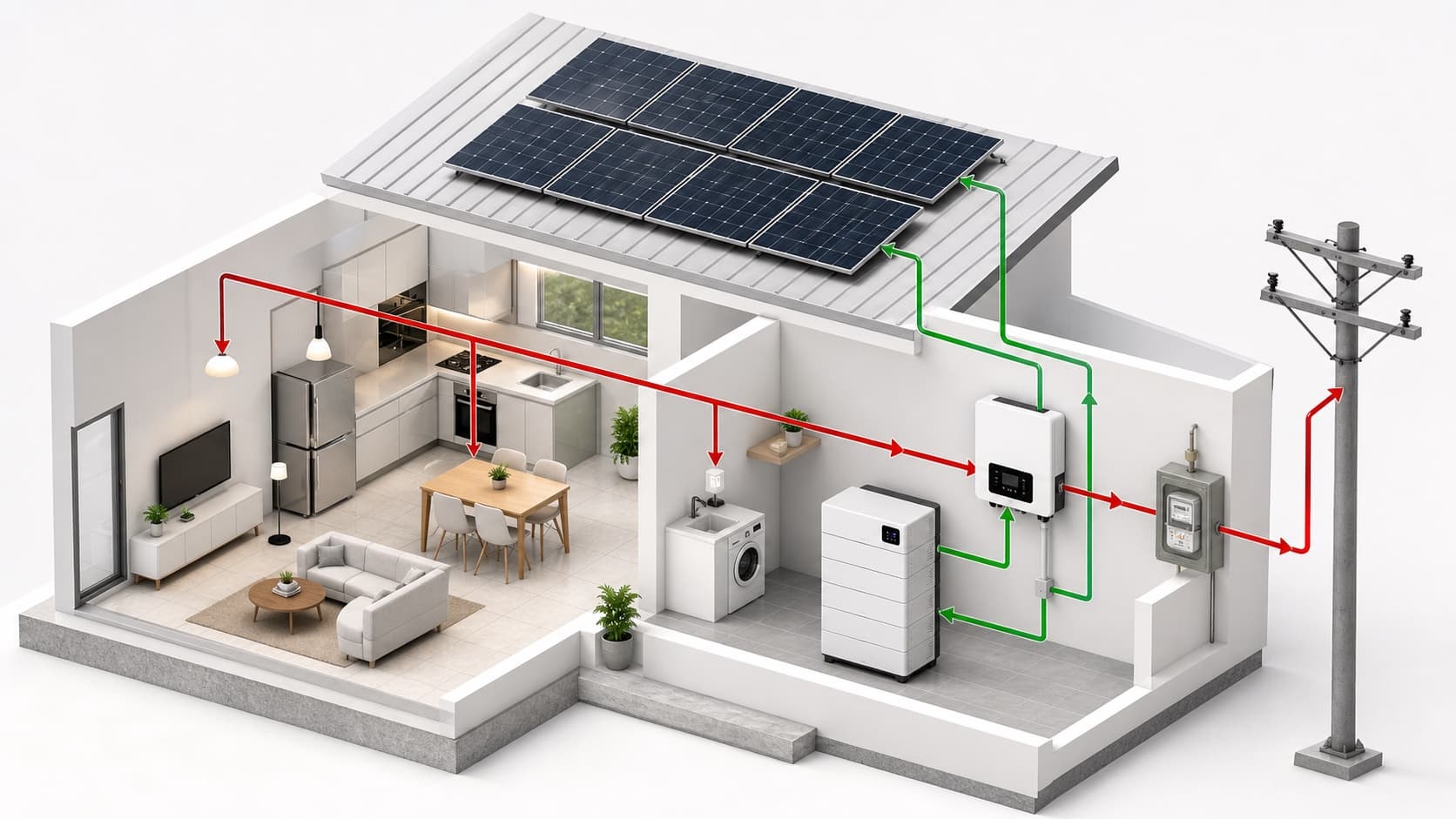 Fluxo residencial entre painéis solares, inversor, bateria, cargas e rede